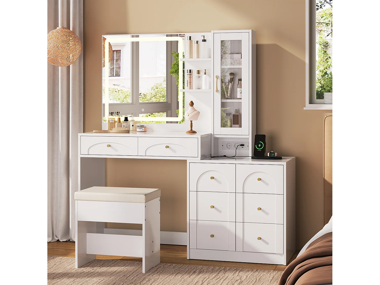 Moderner Schminktisch – 131,5 x 40 x 140 cm – mit LED-Spiegel, Hocker, 8 Schubladen, Ablagen und Glastür – MDF – weiß