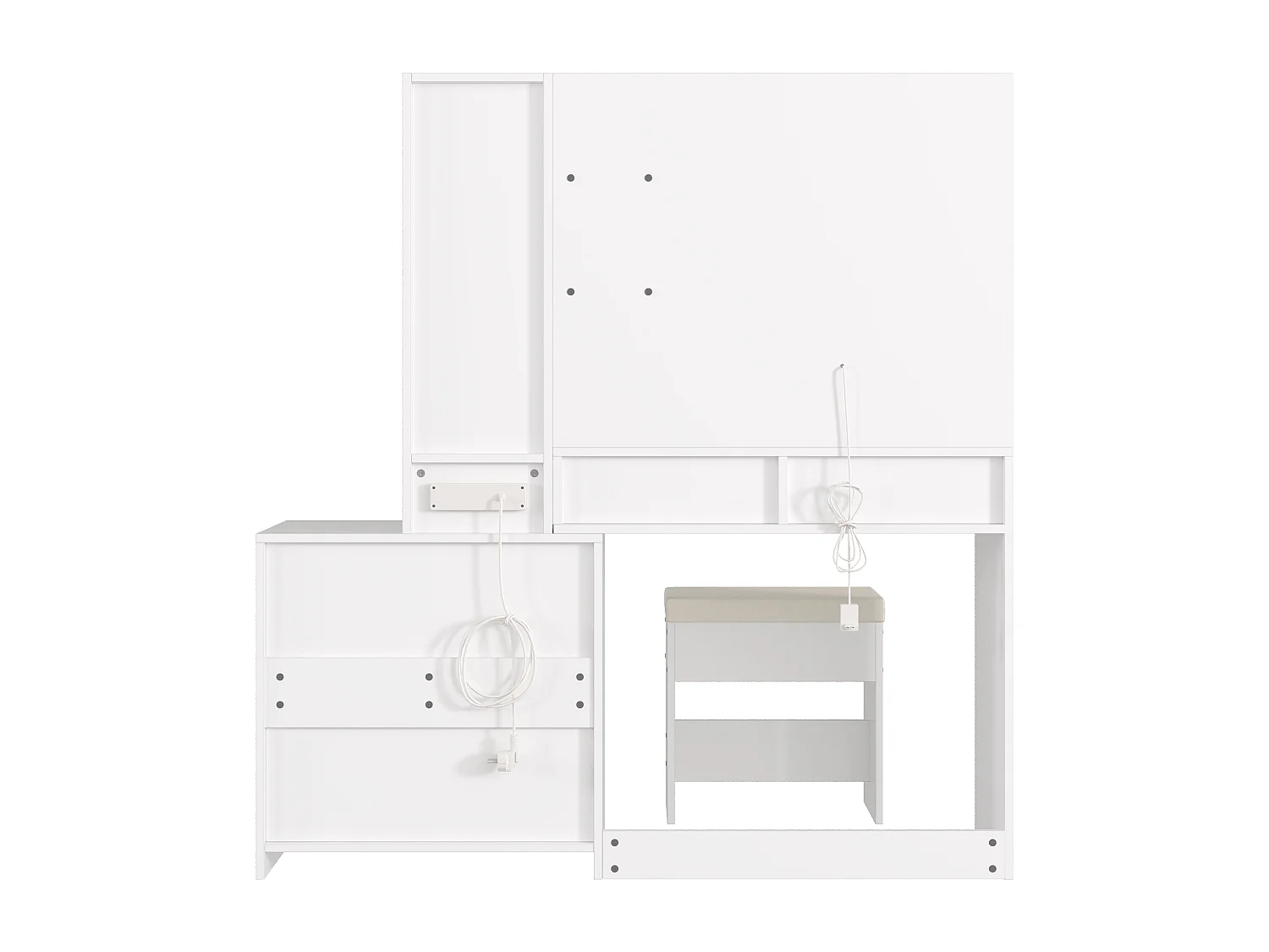 Moderner Schminktisch – 131,5 x 40 x 140 cm – mit LED-Spiegel, Hocker, 8 Schubladen, Ablagen und Glastür – MDF – weiß