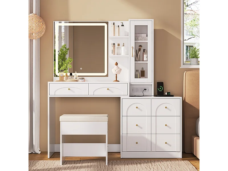 Tavolo da trucco moderno - 131,5 x 40 x 140 cm - con specchio a LED + sgabello + 8 cassetti + ripiani + anta in vetro - MDF - bianco