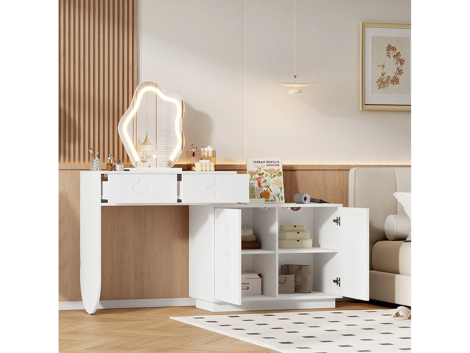 Schminktisch mit LED-Spiegel – 160 x 40 x 132 cm – mit 2 Schubladen + 1 zweitürigem Schrank – MDF + Spanplatte – weiß