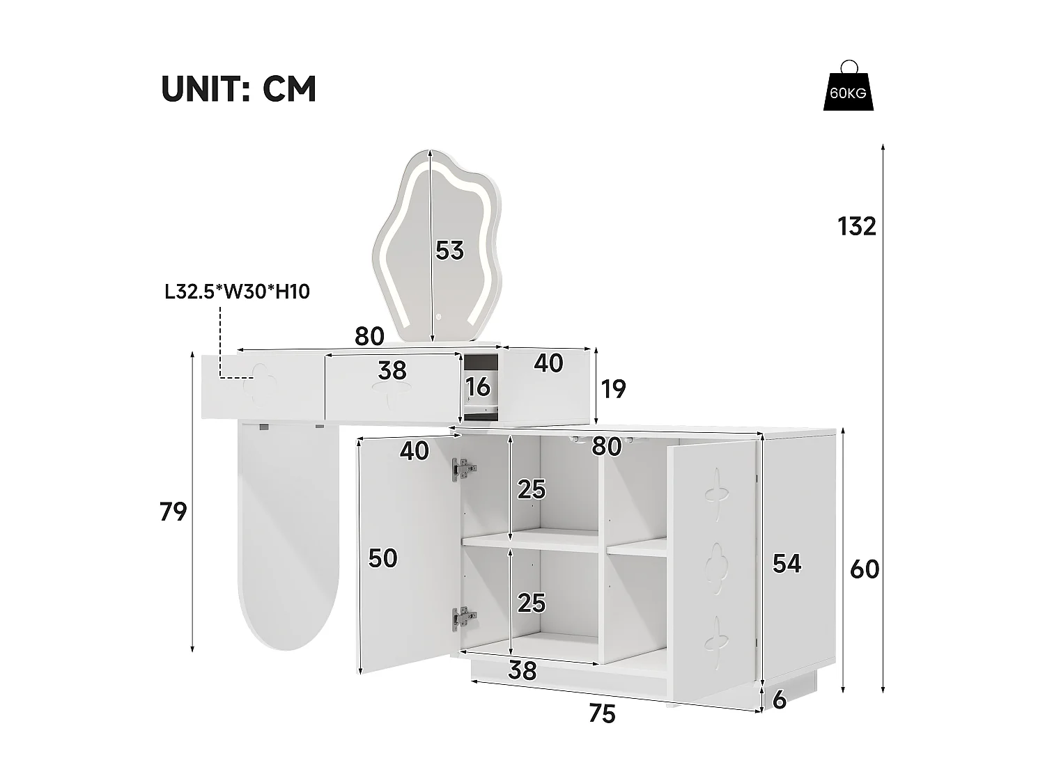 Schminktisch mit LED-Spiegel – 160 x 40 x 132 cm – mit 2 Schubladen + 1 zweitürigem Schrank – MDF + Spanplatte – weiß