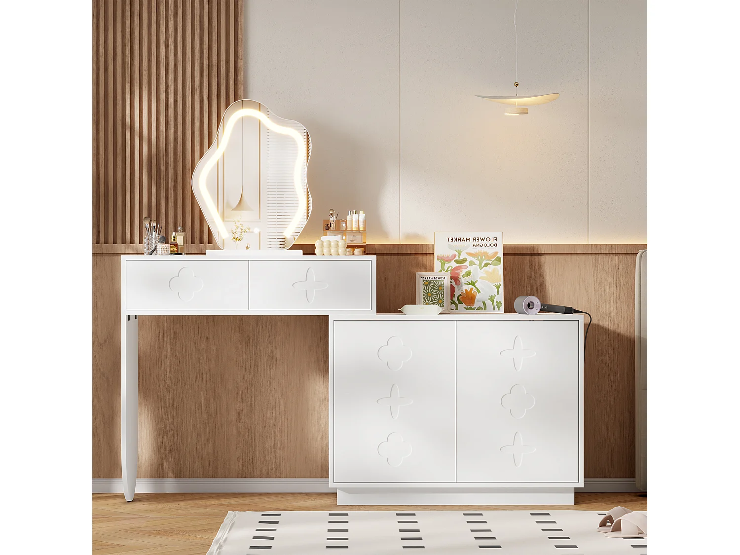 Schminktisch mit LED-Spiegel – 160 x 40 x 132 cm – mit 2 Schubladen + 1 zweitürigem Schrank – MDF + Spanplatte – weiß