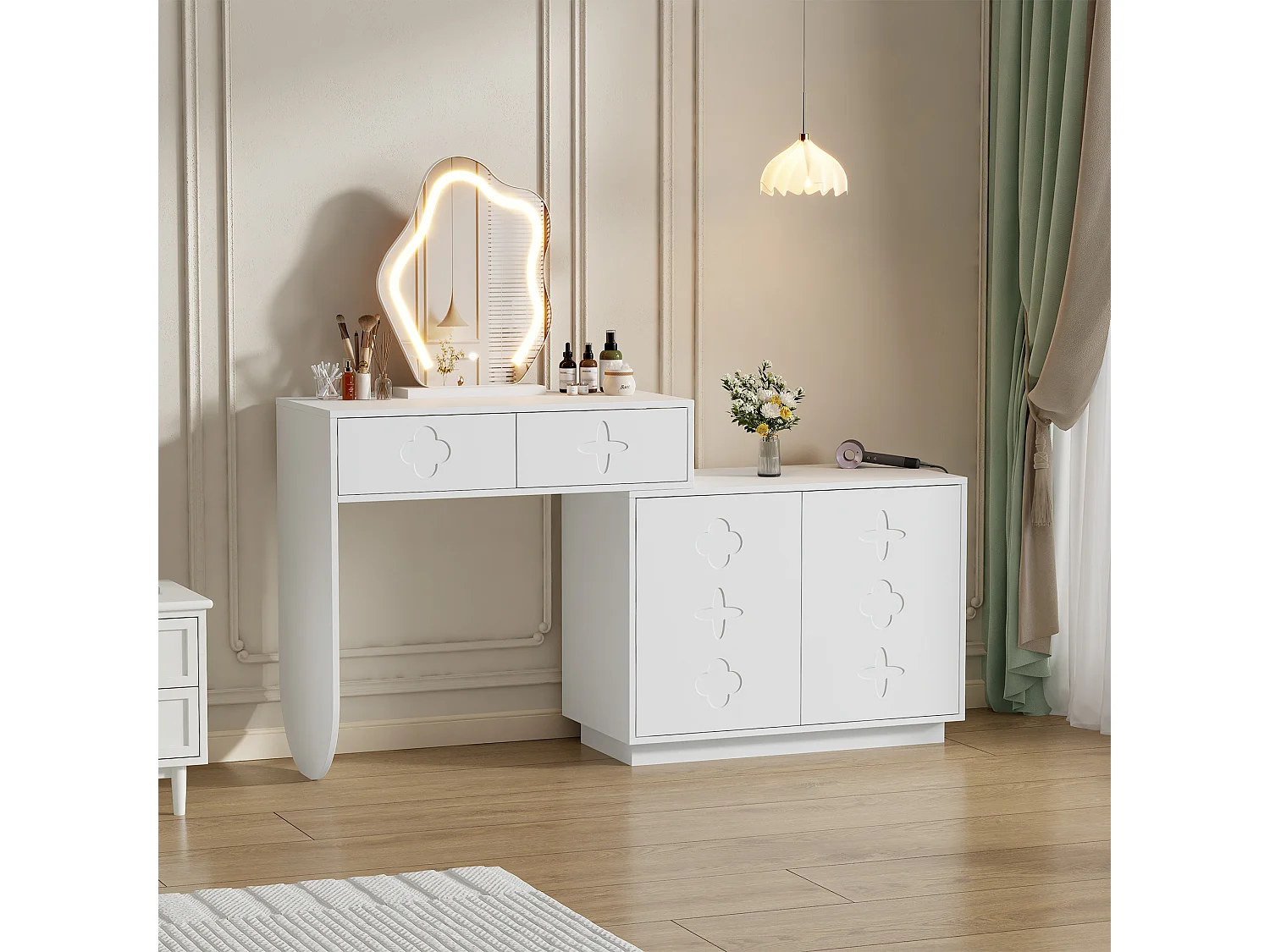 Schminktisch mit LED-Spiegel – 160 x 40 x 132 cm – mit 2 Schubladen + 1 zweitürigem Schrank – MDF + Spanplatte – weiß