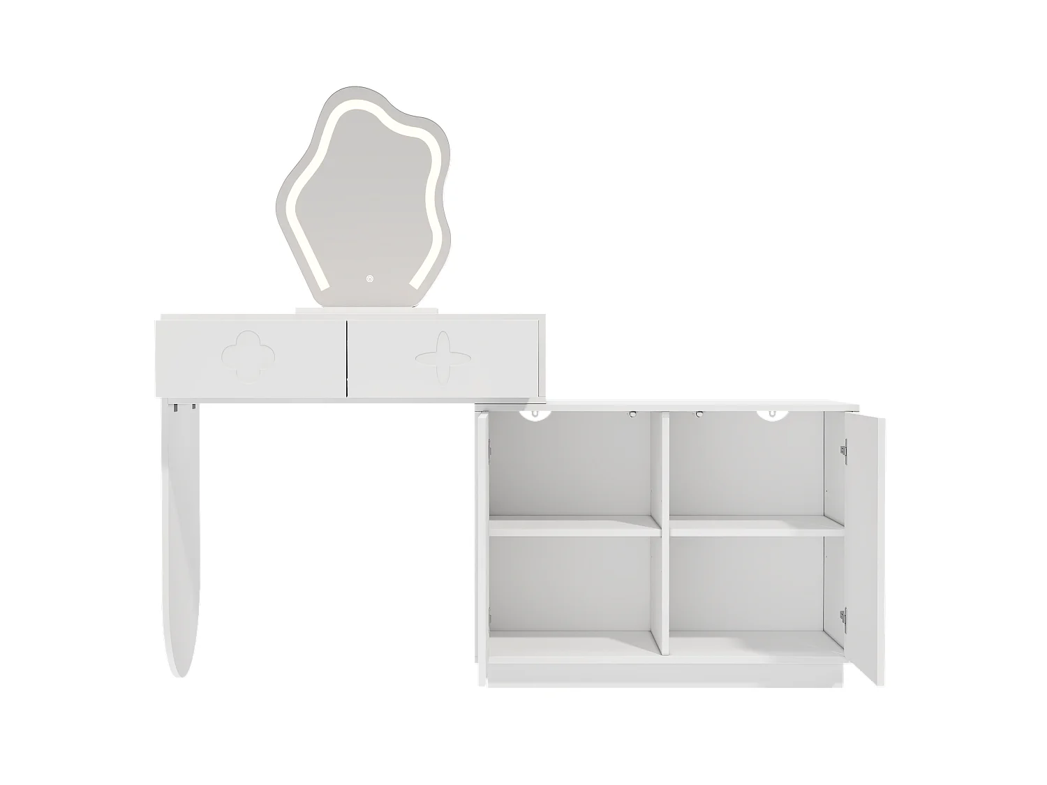 Schminktisch mit LED-Spiegel – 160 x 40 x 132 cm – mit 2 Schubladen + 1 zweitürigem Schrank – MDF + Spanplatte – weiß