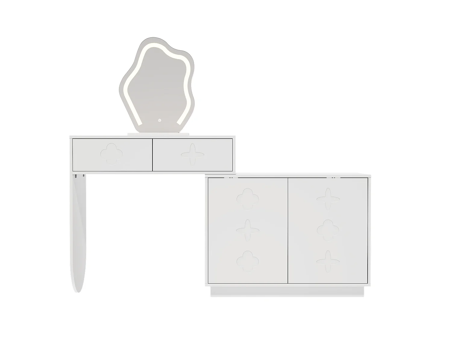 Schminktisch mit LED-Spiegel – 160 x 40 x 132 cm – mit 2 Schubladen + 1 zweitürigem Schrank – MDF + Spanplatte – weiß