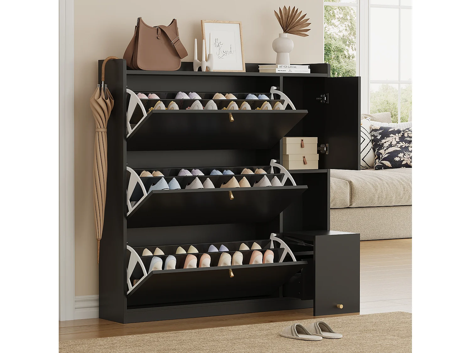 Kippbarer Schuhschrank – 119 x 24 x 122 cm – mit 3 Klapptüren + Schublade + Klappbank – MDF – schwarz