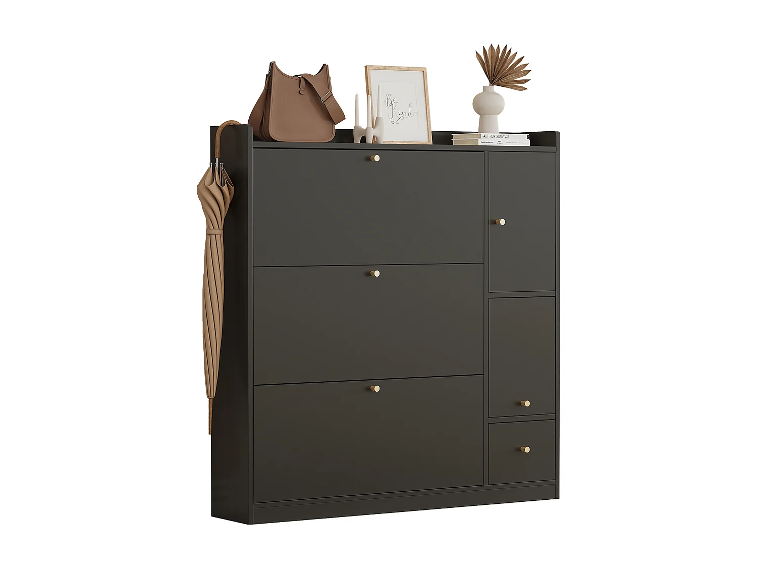 Kippbarer Schuhschrank – 119 x 24 x 122 cm – mit 3 Klapptüren + Schublade + Klappbank – MDF – schwarz