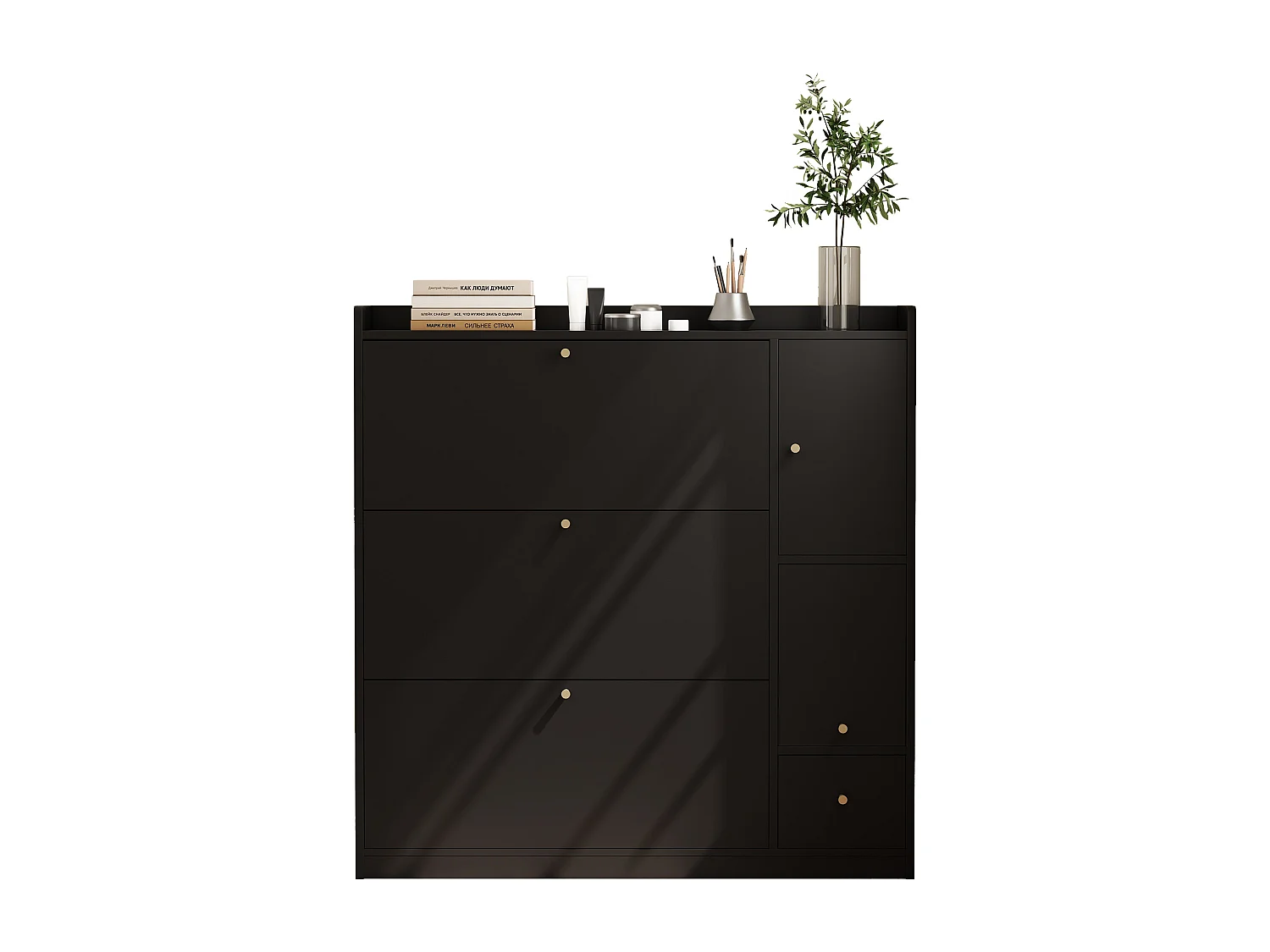 Kippbarer Schuhschrank – 119 x 24 x 122 cm – mit 3 Klapptüren + Schublade + Klappbank – MDF – schwarz