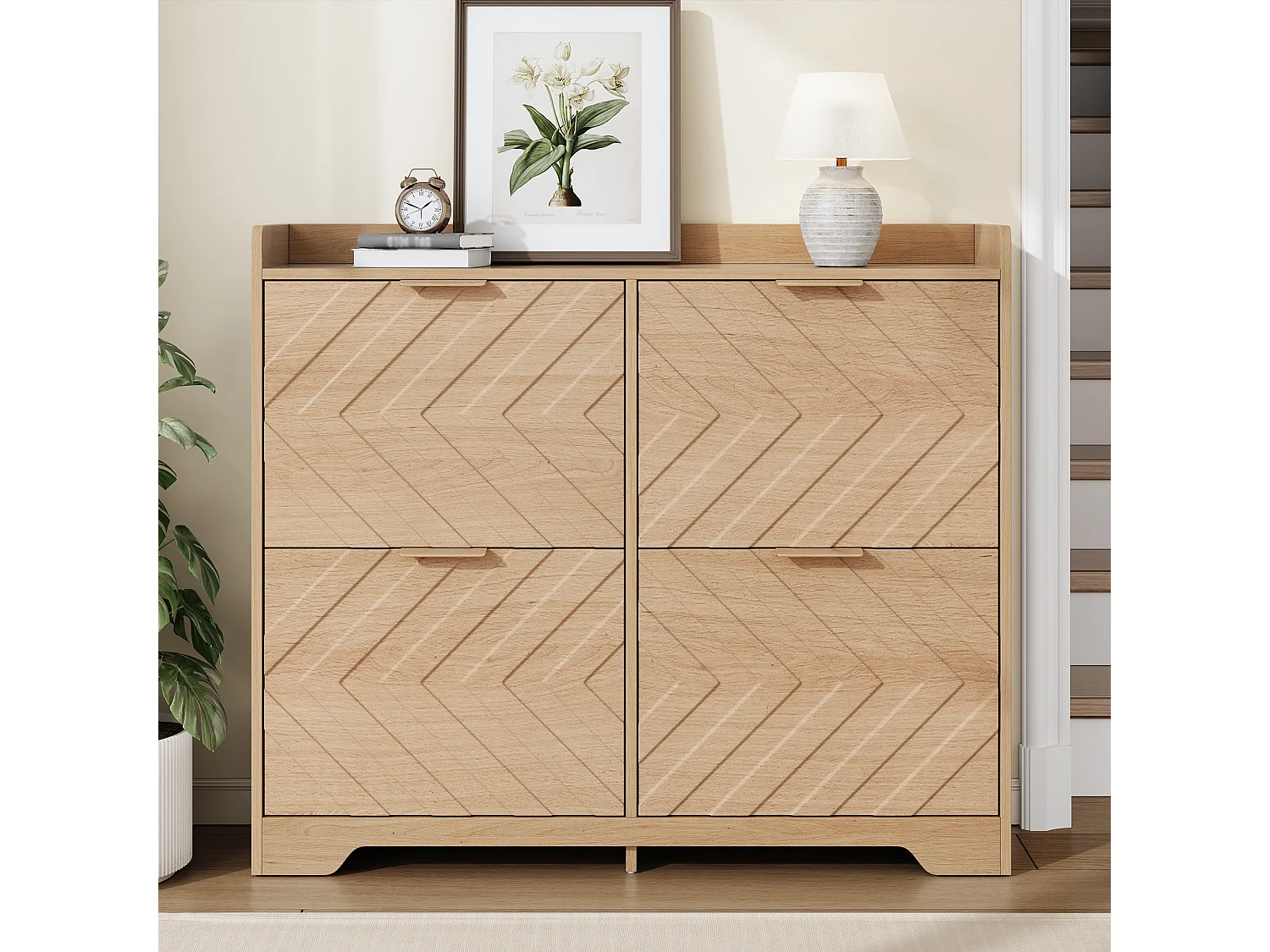 Schuhschrank für den Eingangsbereich – 105 x 24 x 90 cm – mit 4 Klappfächern – 3D-strukturierte Front – MDF – natur