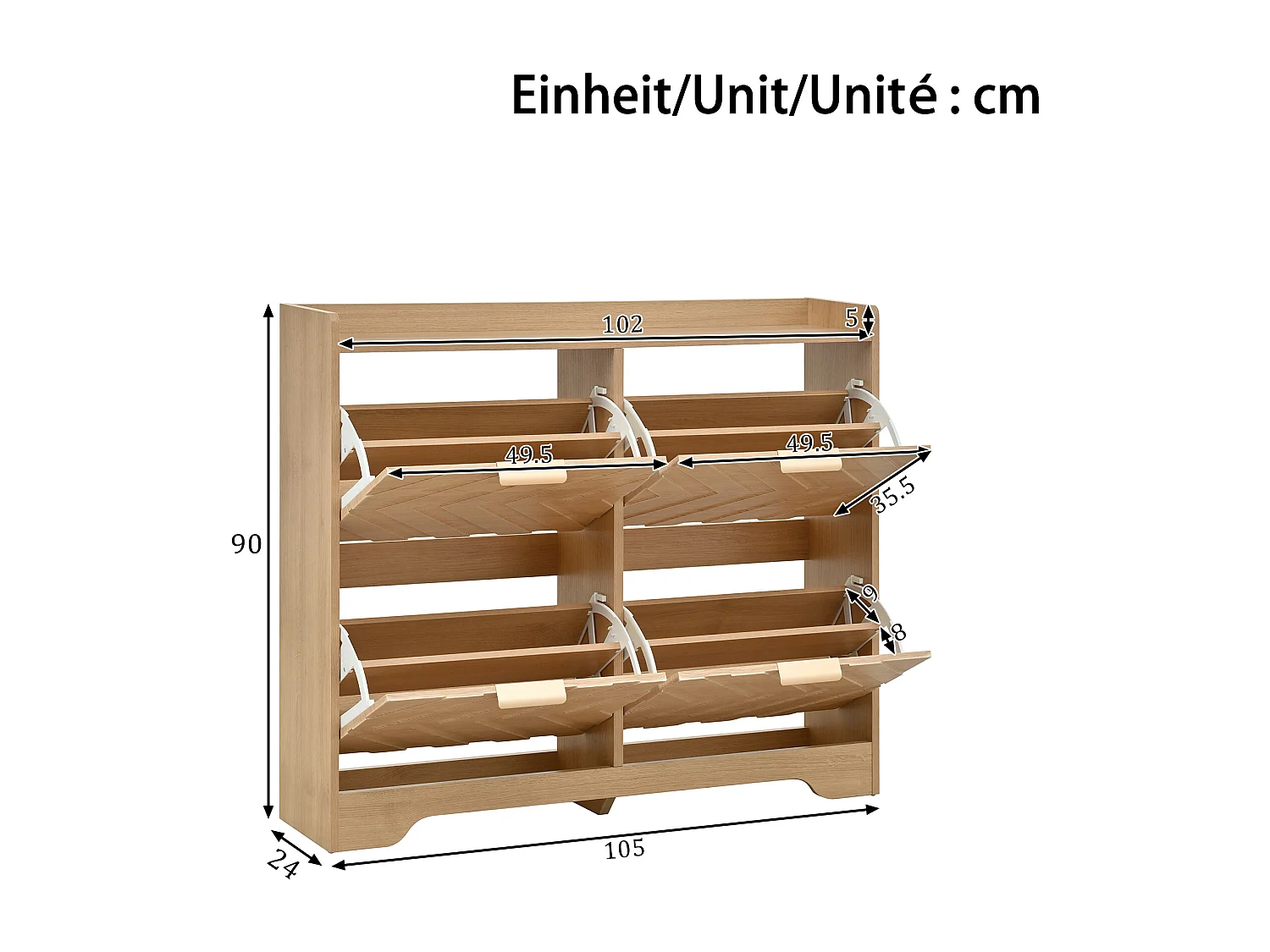 Schuhschrank für den Eingangsbereich – 105 x 24 x 90 cm – mit 4 Klappfächern – 3D-strukturierte Front – MDF – natur