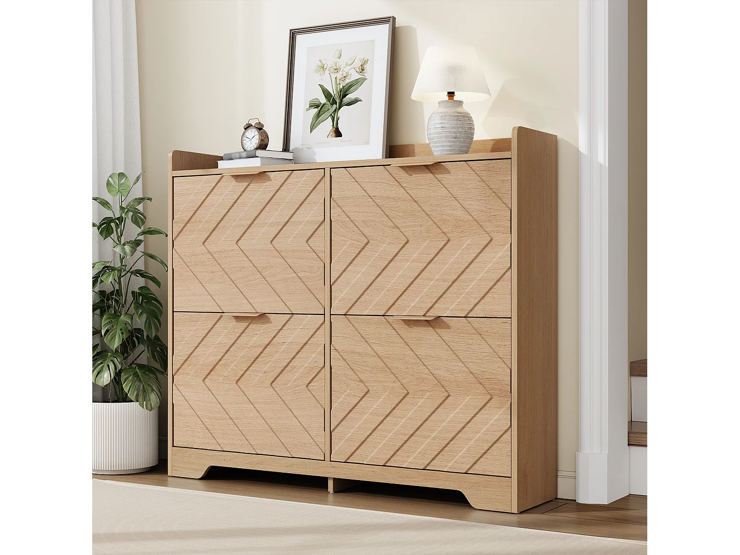 Schuhschrank für den Eingangsbereich – 105 x 24 x 90 cm – mit 4 Klappfächern – 3D-strukturierte Front – MDF – natur