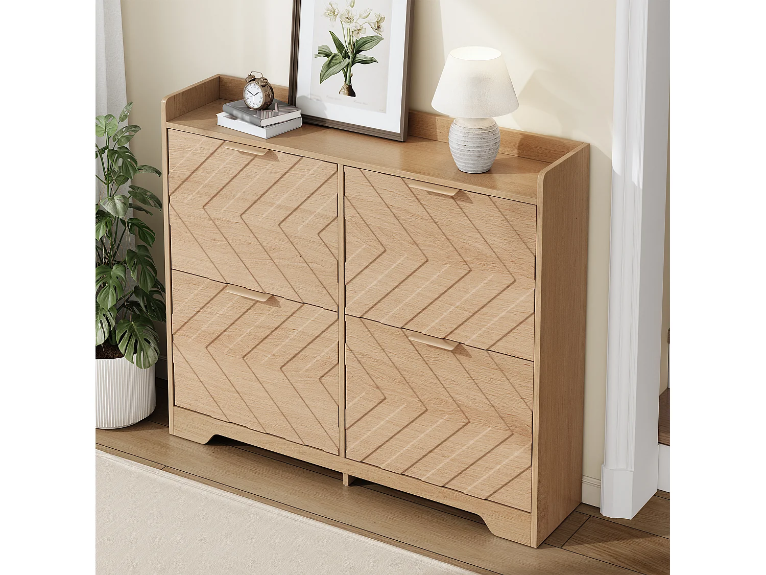 Schuhschrank für den Eingangsbereich – 105 x 24 x 90 cm – mit 4 Klappfächern – 3D-strukturierte Front – MDF – natur