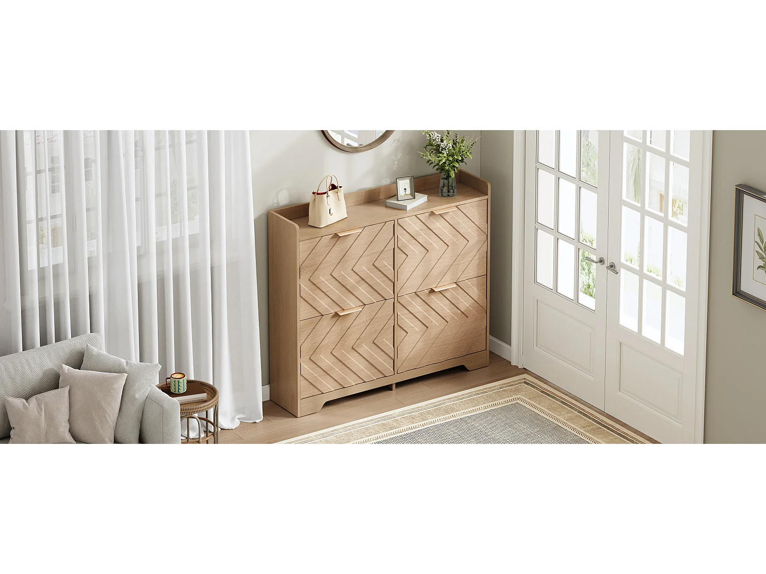 Schuhschrank für den Eingangsbereich – 105 x 24 x 90 cm – mit 4 Klappfächern – 3D-strukturierte Front – MDF – natur