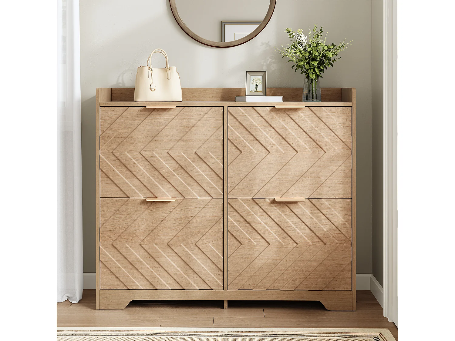 Schuhschrank für den Eingangsbereich – 105 x 24 x 90 cm – mit 4 Klappfächern – 3D-strukturierte Front – MDF – natur