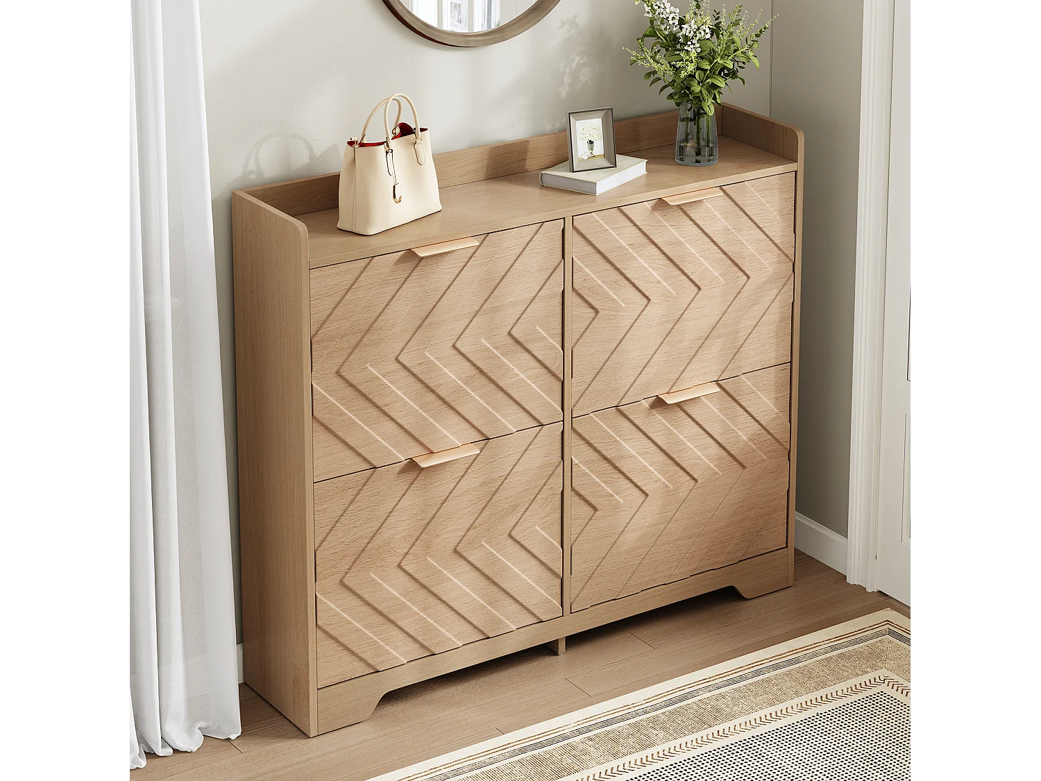 Schuhschrank für den Eingangsbereich – 105 x 24 x 90 cm – mit 4 Klappfächern – 3D-strukturierte Front – MDF – natur