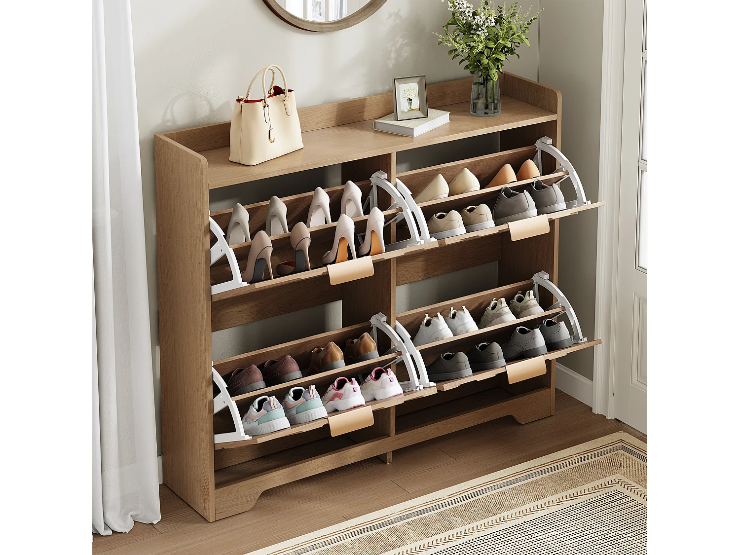 Schuhschrank für den Eingangsbereich – 105 x 24 x 90 cm – mit 4 Klappfächern – 3D-strukturierte Front – MDF – natur