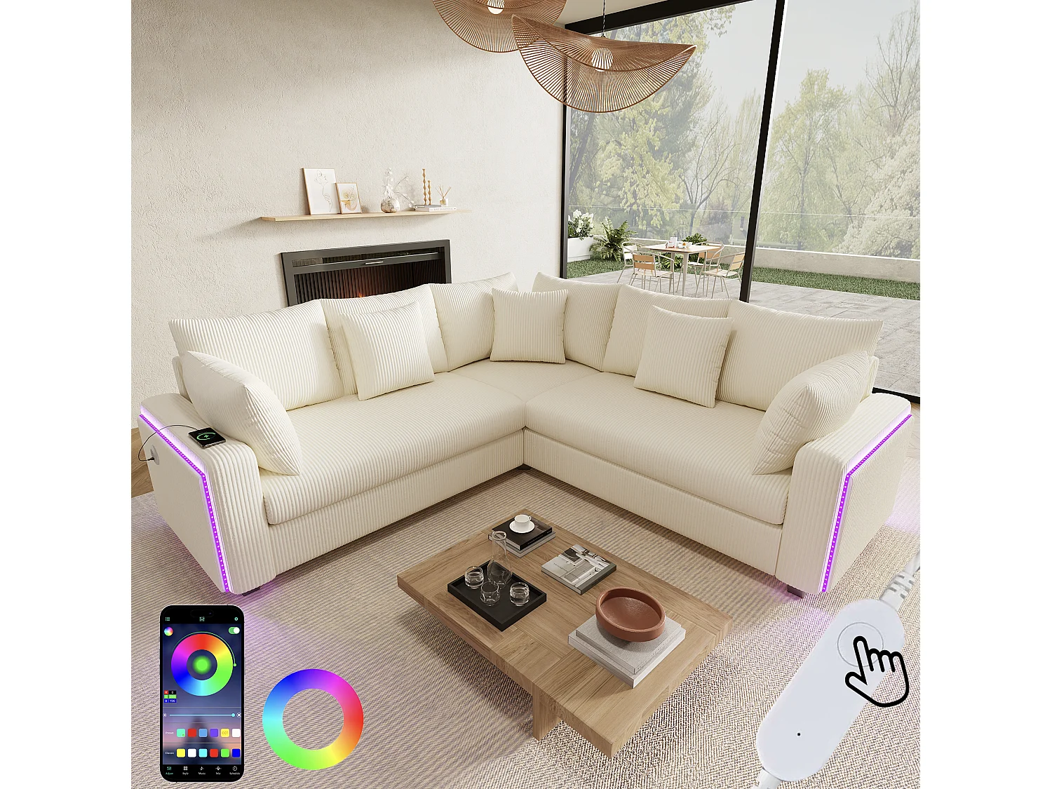 Sofá de canto em L de 5 lugares - 198 x 198 x 83 cm - com LEDs + porta USB + almofadas combinando - veludo - bege