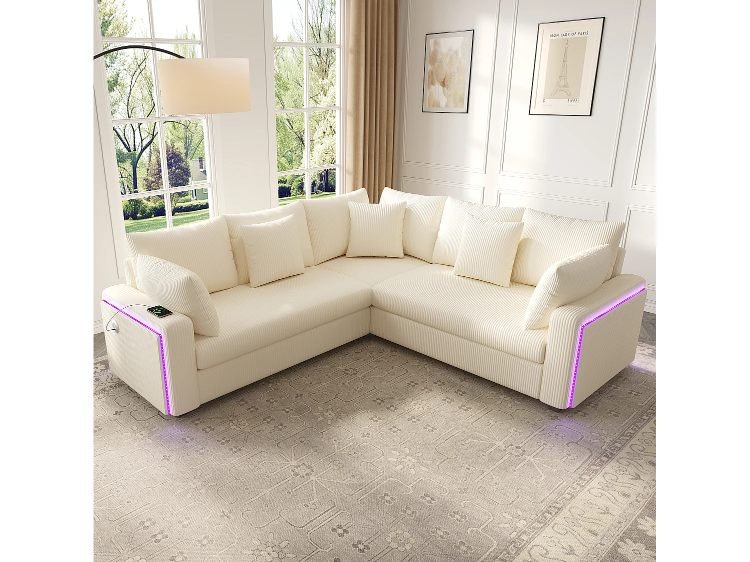 Sofá de canto em L de 5 lugares - 198 x 198 x 83 cm - com LEDs + porta USB + almofadas combinando - veludo - bege