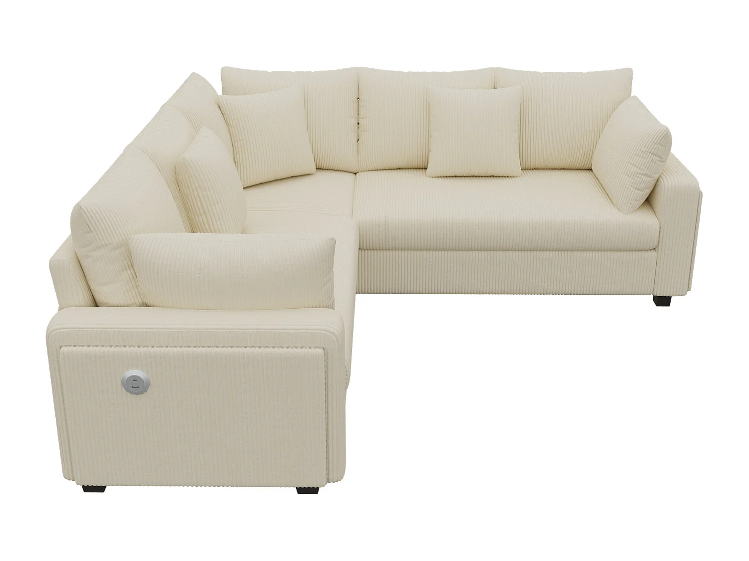 Sofá de canto em L de 5 lugares - 198 x 198 x 83 cm - com LEDs + porta USB + almofadas combinando - veludo - bege