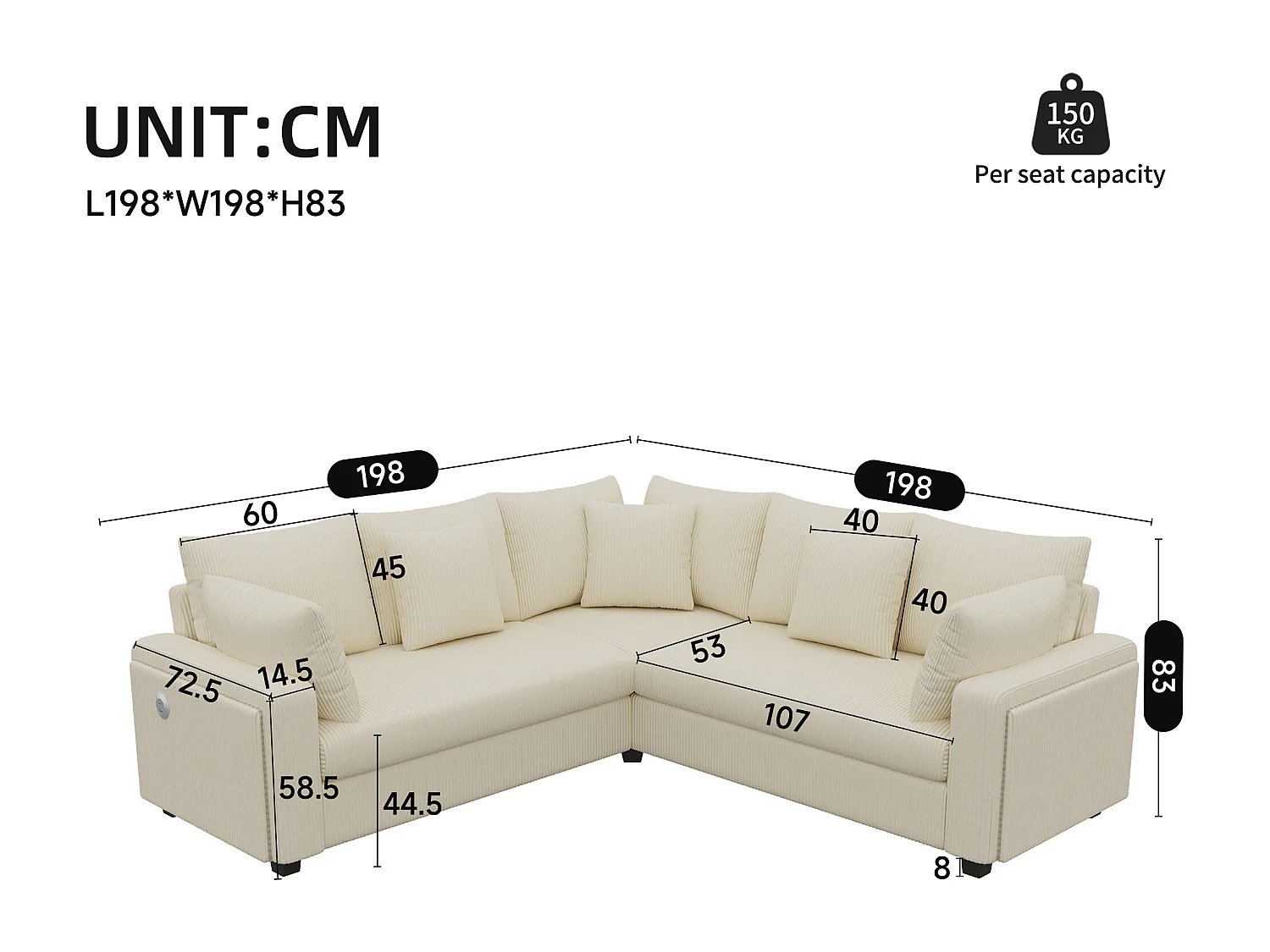 Sofá de canto em L de 5 lugares - 198 x 198 x 83 cm - com LEDs + porta USB + almofadas combinando - veludo - bege