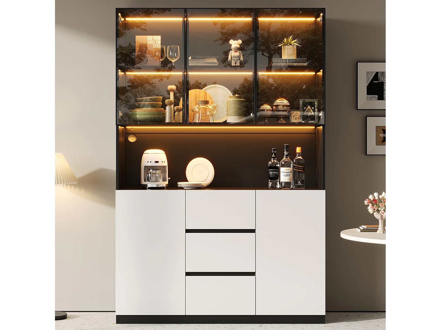 Moderne Glasvitrine – 120 x 40 x 200 cm – mit LEDs, offenen Regalböden, 3 Schubladen und Türen – MDF – weiß + schwarz