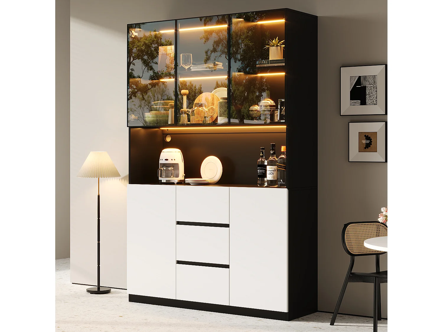 Moderne Glasvitrine – 120 x 40 x 200 cm – mit LEDs, offenen Regalböden, 3 Schubladen und Türen – MDF – weiß + schwarz