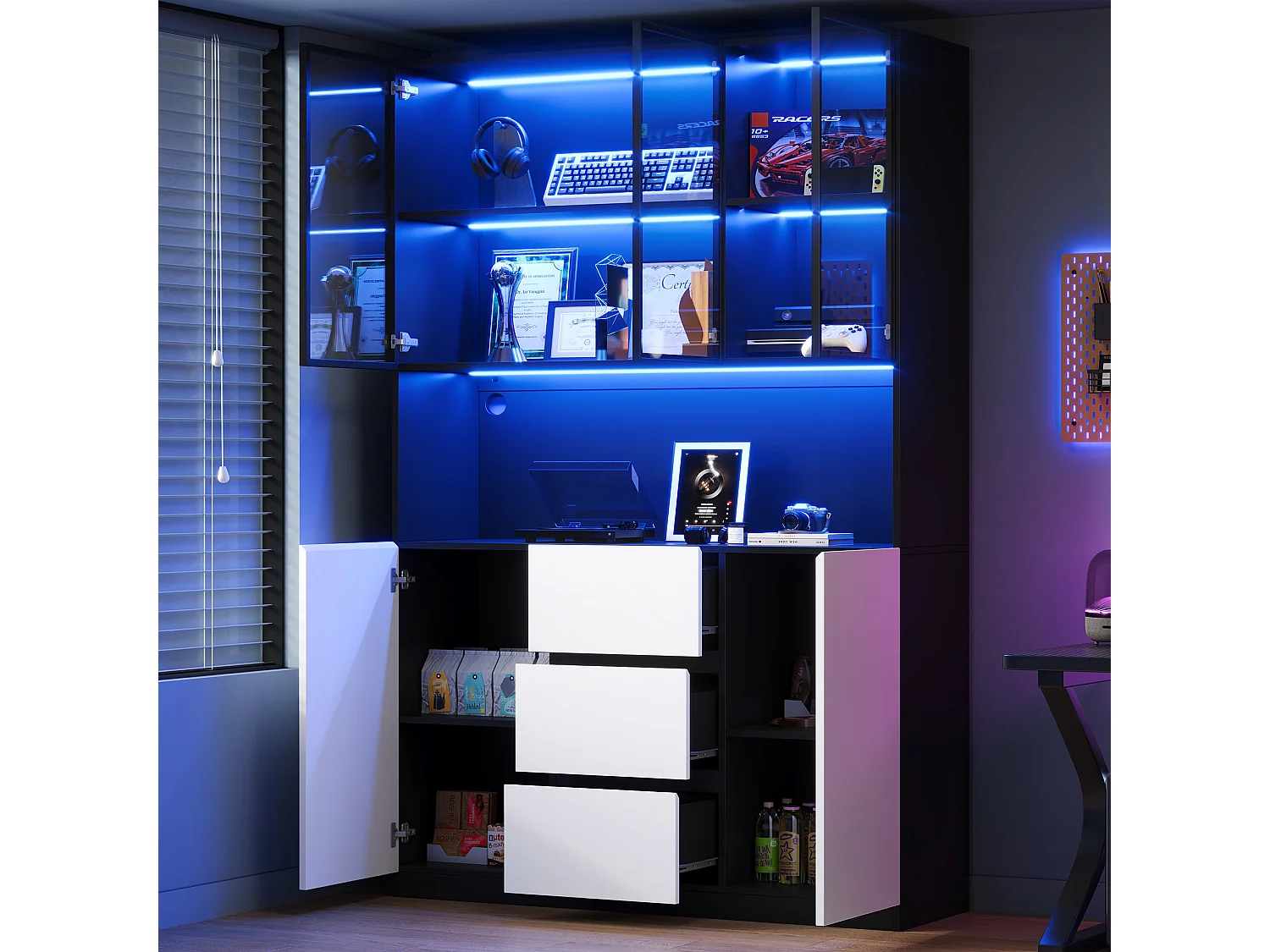 Moderne Glasvitrine – 120 x 40 x 200 cm – mit LEDs, offenen Regalböden, 3 Schubladen und Türen – MDF – weiß + schwarz