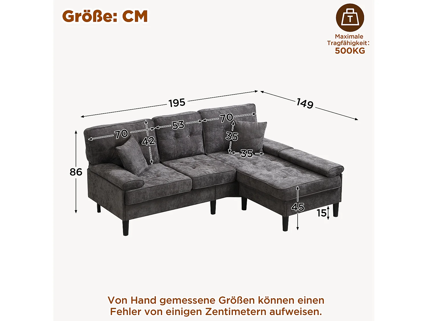 Canapé d'angle 3 places en forme de L - 195 x 149 x 86 cm - avec méridienne + repose-pieds amovible - velours - gris