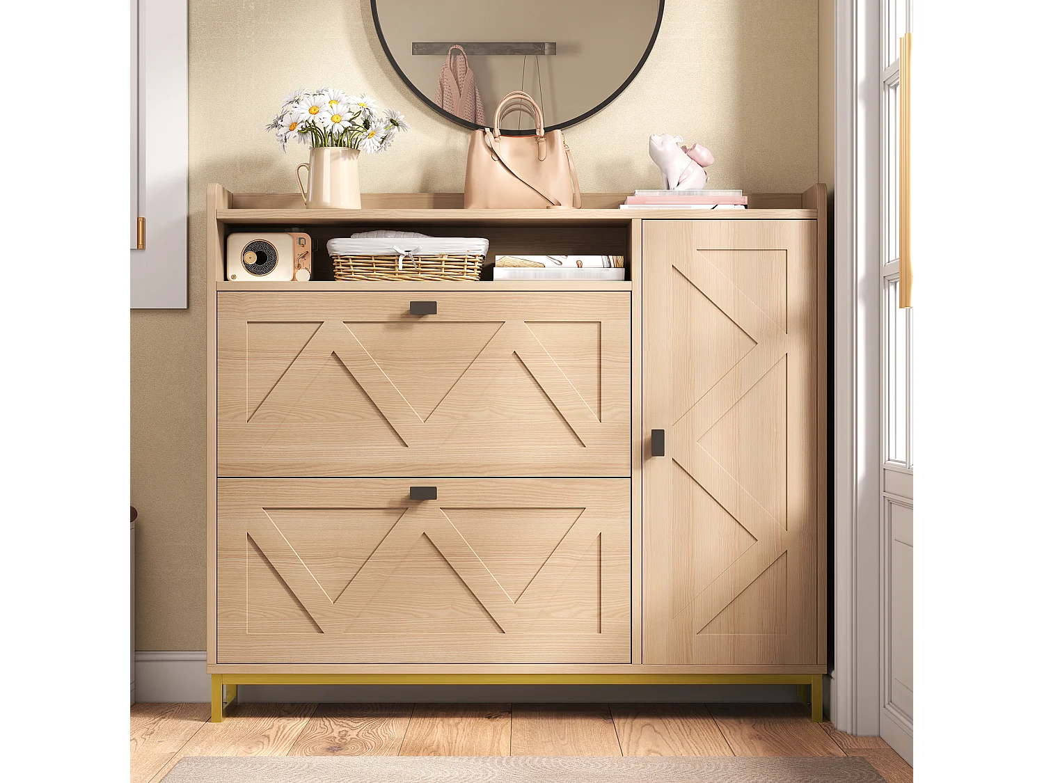 Schuhschrank mit Metallgestell – 110 x 24 x 100 cm – mit 3 Türen + Einlegeboden – MDF – natur