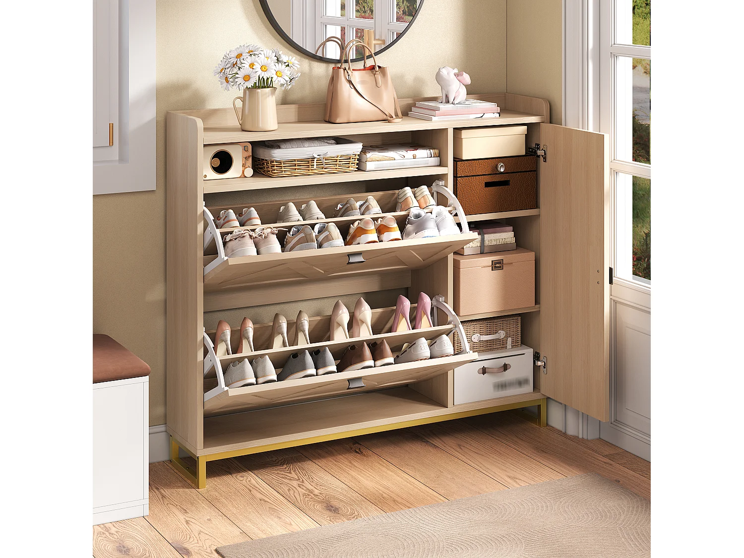 Schuhschrank mit Metallgestell – 110 x 24 x 100 cm – mit 3 Türen + Einlegeboden – MDF – natur