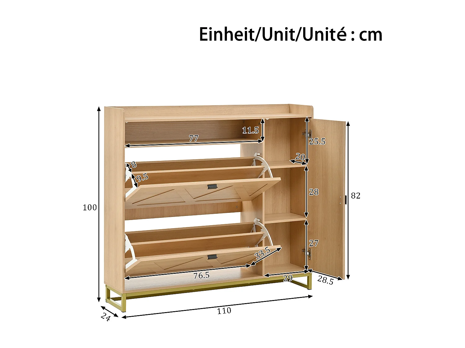 Schuhschrank mit Metallgestell – 110 x 24 x 100 cm – mit 3 Türen + Einlegeboden – MDF – natur