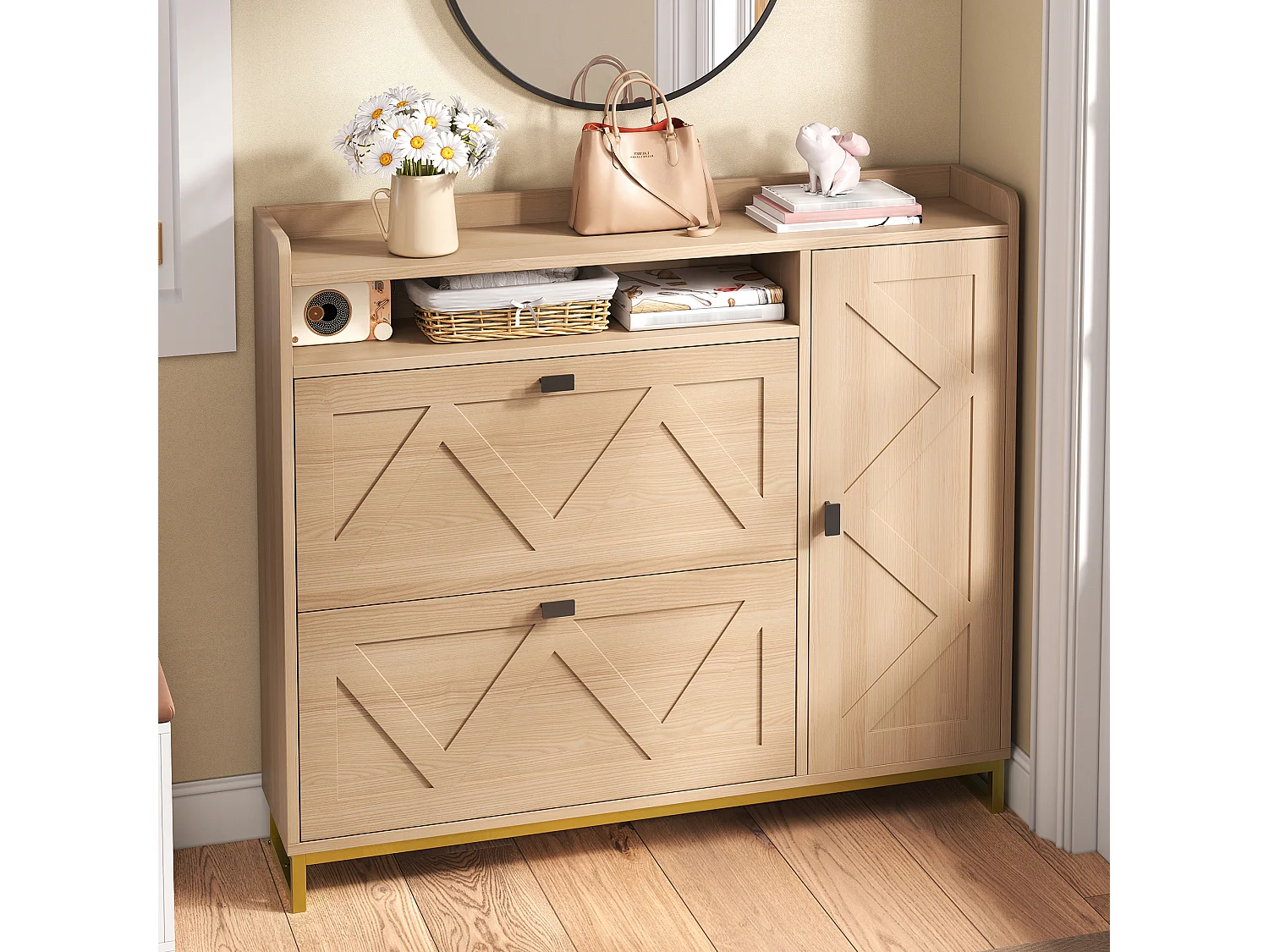 Schuhschrank mit Metallgestell – 110 x 24 x 100 cm – mit 3 Türen + Einlegeboden – MDF – natur