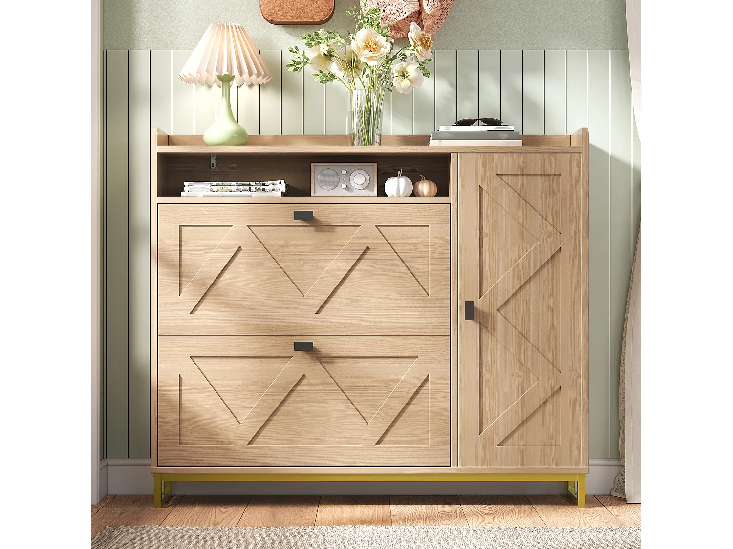 Schuhschrank mit Metallgestell – 110 x 24 x 100 cm – mit 3 Türen + Einlegeboden – MDF – natur