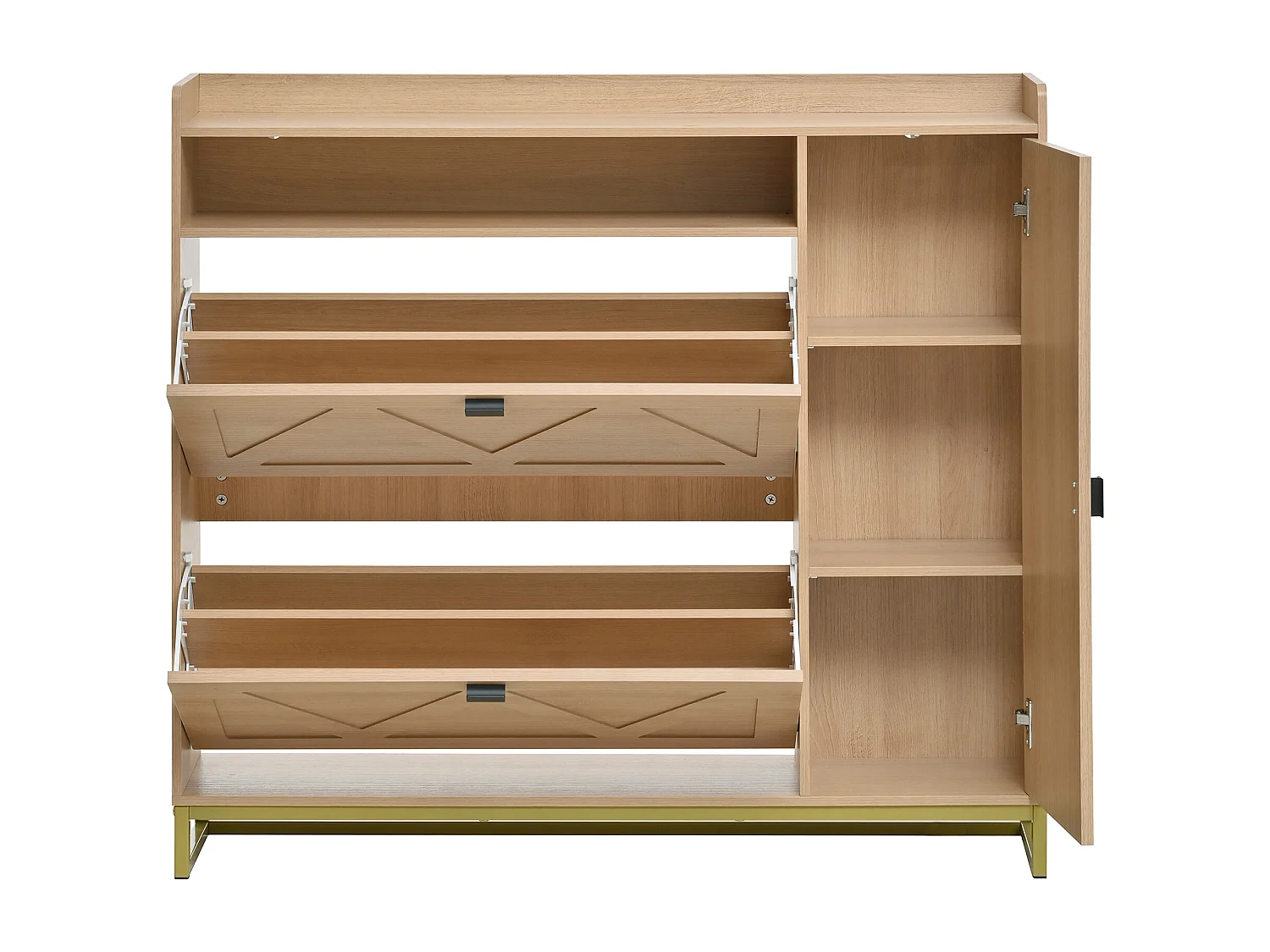 Schuhschrank mit Metallgestell – 110 x 24 x 100 cm – mit 3 Türen + Einlegeboden – MDF – natur