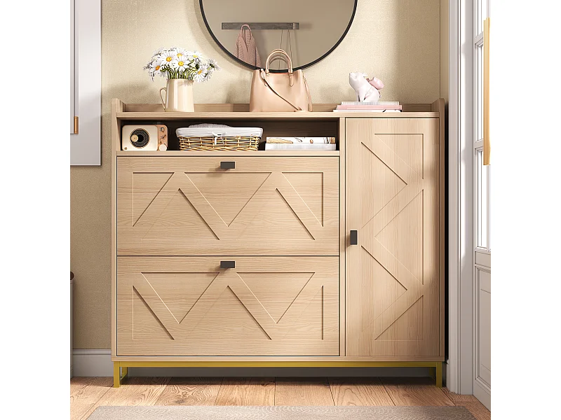 Sapateira com estrutura metálica - 110 x 24 x 100 cm - com 3 portas + prateleira - MDF - cor natural