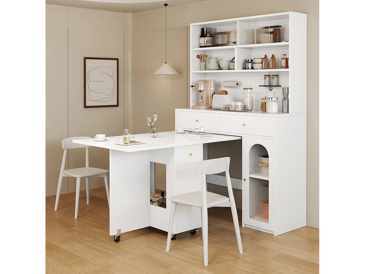 Küchenmöbel-Set – bestehend aus Klapptisch und hohem Sideboard mit Türen und Schubladen – MDF – weiß