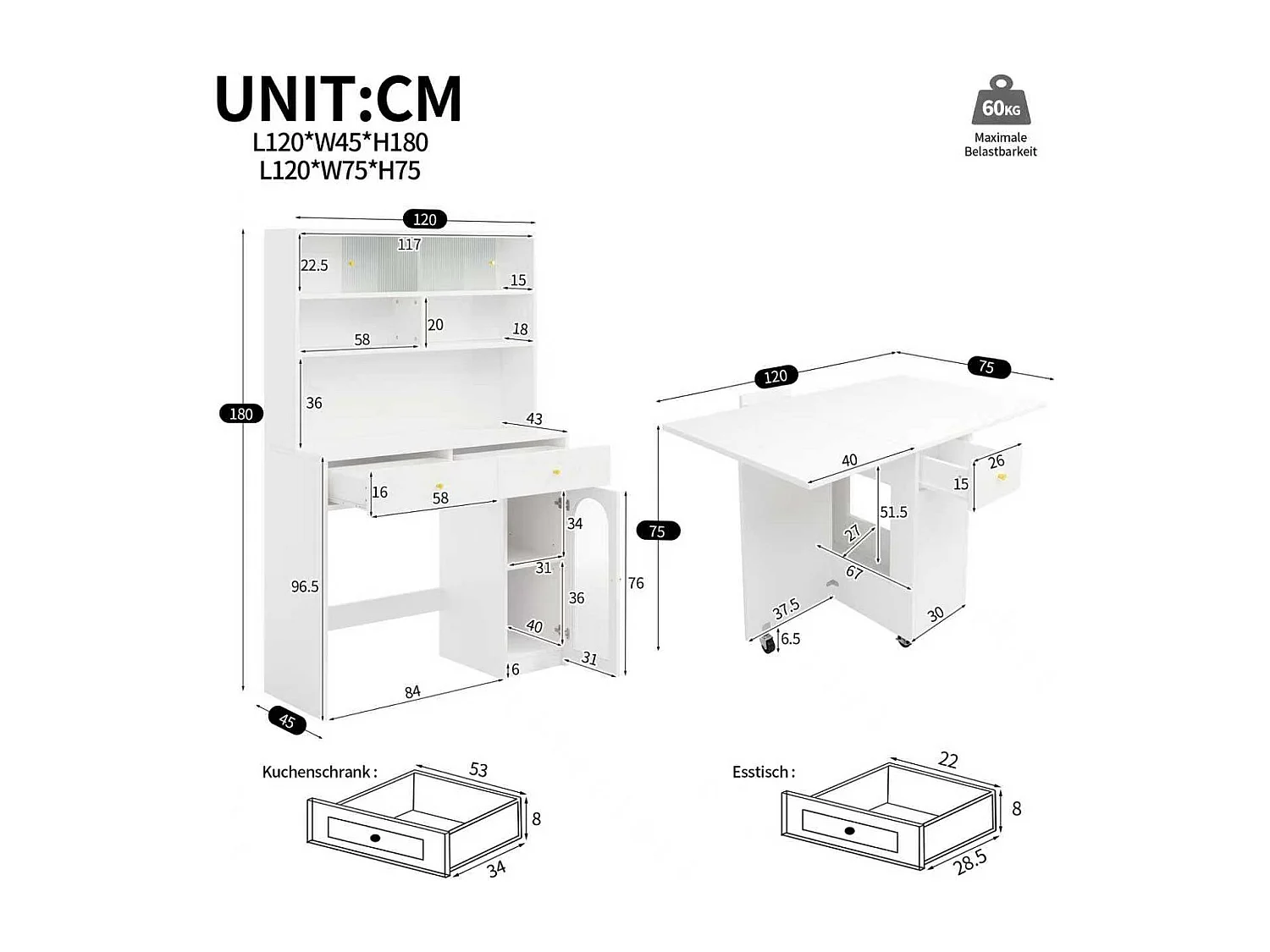 Küchenmöbel-Set – bestehend aus Klapptisch und hohem Sideboard mit Türen und Schubladen – MDF – weiß