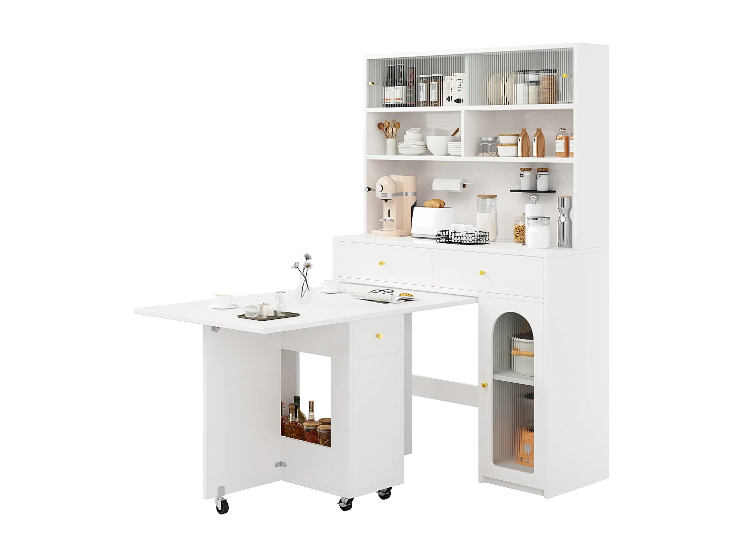 Küchenmöbel-Set – bestehend aus Klapptisch und hohem Sideboard mit Türen und Schubladen – MDF – weiß