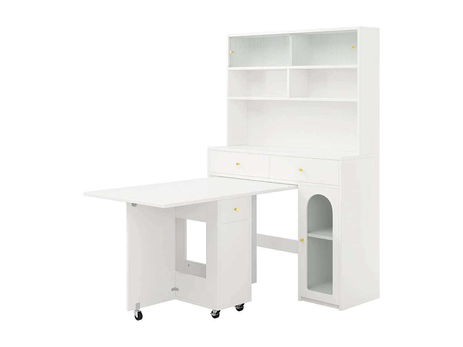 Küchenmöbel-Set – bestehend aus Klapptisch und hohem Sideboard mit Türen und Schubladen – MDF – weiß
