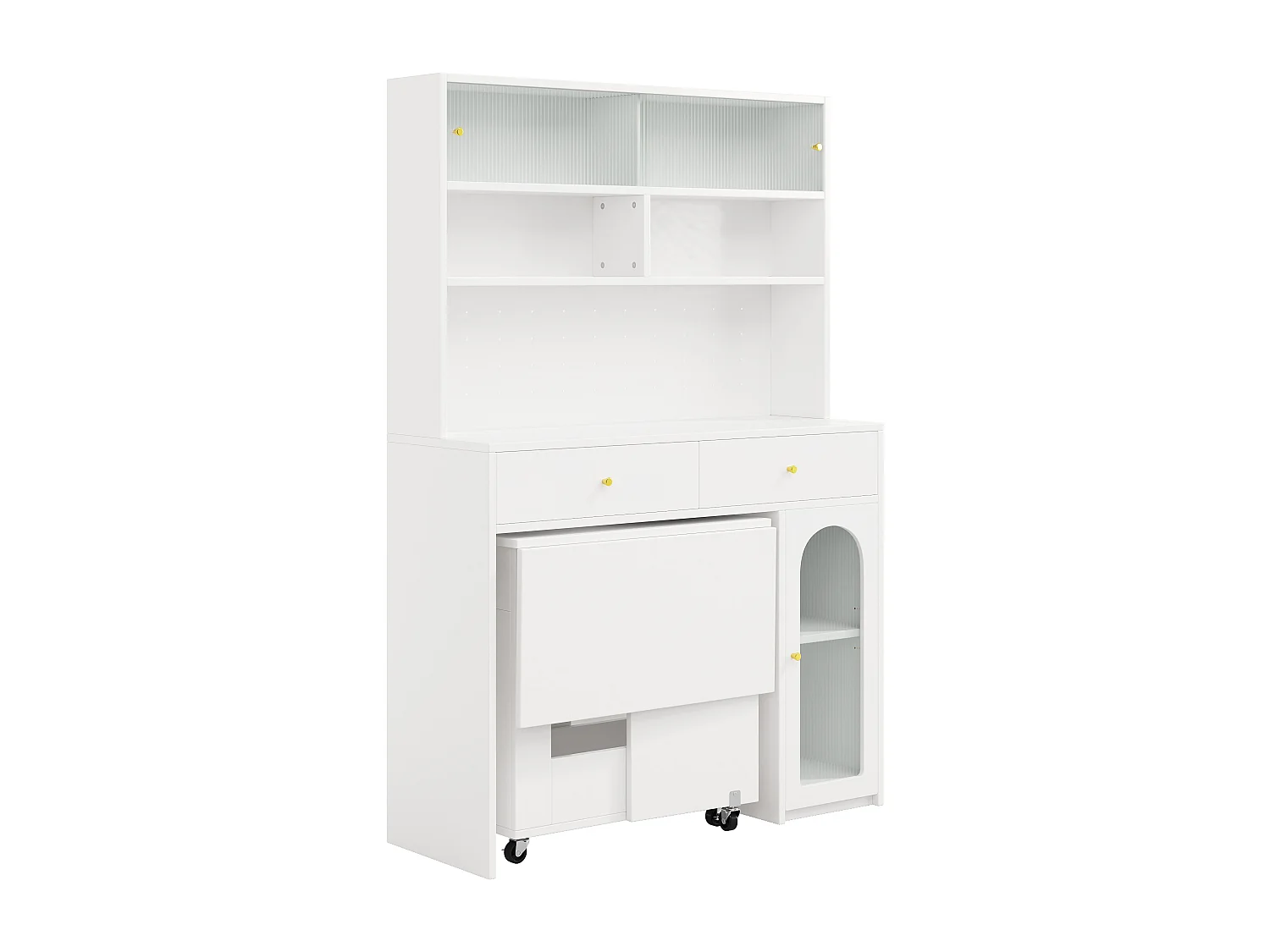 Küchenmöbel-Set – bestehend aus Klapptisch und hohem Sideboard mit Türen und Schubladen – MDF – weiß