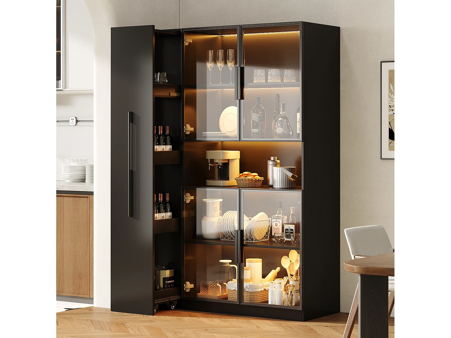 Vitrine mit Glastüren und LED-Beleuchtung – 110 x 30 x 160 cm – mit ausziehbarem Seitenboden – MDF – schwarz