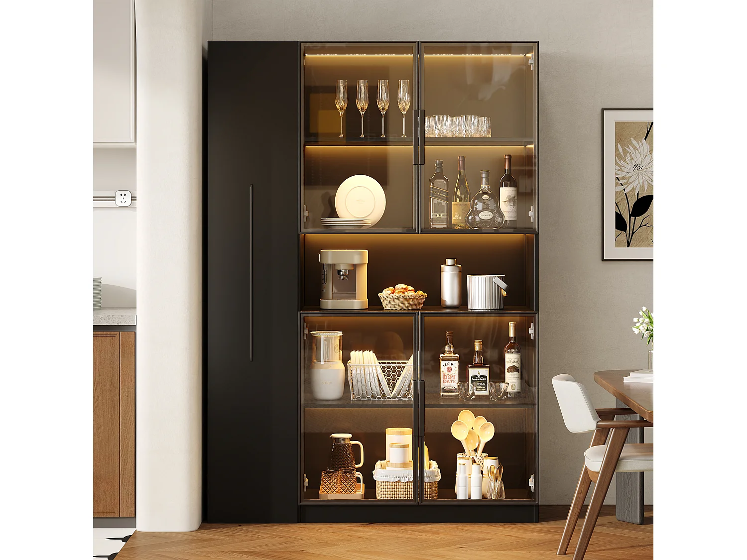Vitrine mit Glastüren und LED-Beleuchtung – 110 x 30 x 160 cm – mit ausziehbarem Seitenboden – MDF – schwarz