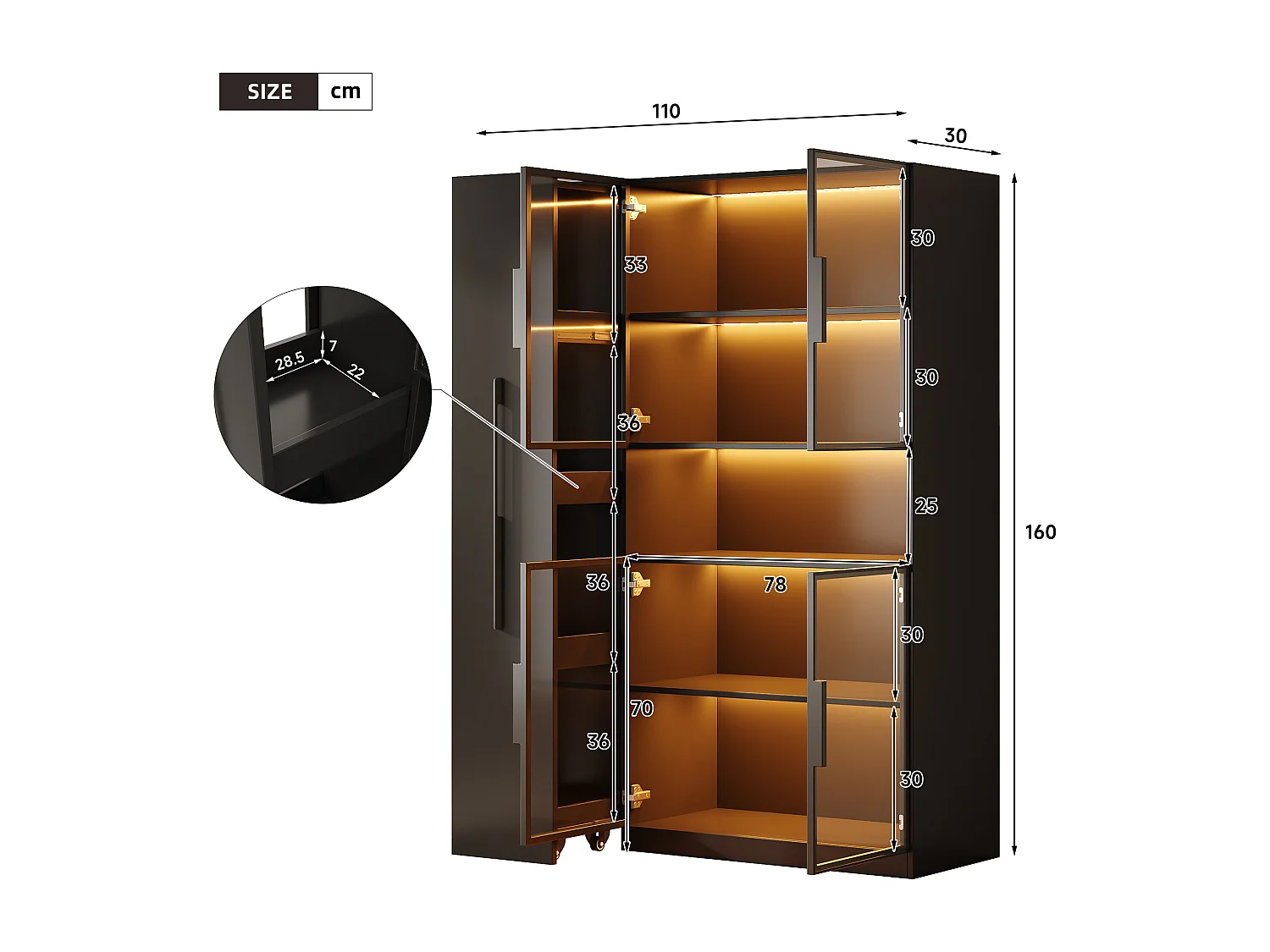 Vitrine mit Glastüren und LED-Beleuchtung – 110 x 30 x 160 cm – mit ausziehbarem Seitenboden – MDF – schwarz