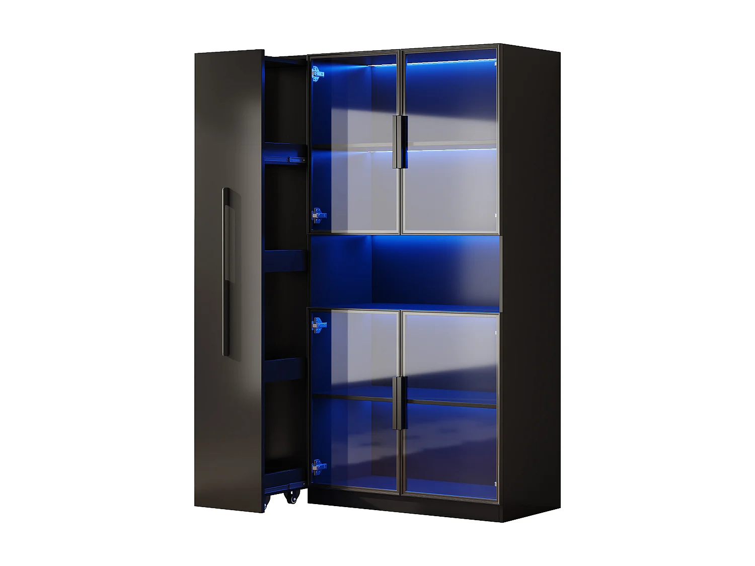 Vitrine mit Glastüren und LED-Beleuchtung – 110 x 30 x 160 cm – mit ausziehbarem Seitenboden – MDF – schwarz