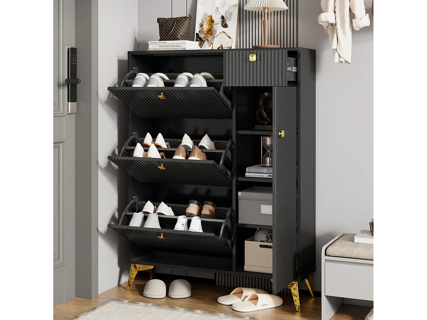 Schuhschrank mit 3 Klapptüren – 90 x 25 x 121 cm – mit 1 Schublade + 1 Tür – Spanplatte + Metall – schwarz