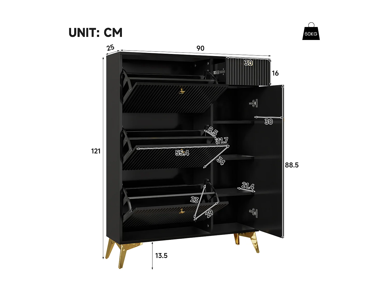 Schuhschrank mit 3 Klapptüren – 90 x 25 x 121 cm – mit 1 Schublade + 1 Tür – Spanplatte + Metall – schwarz