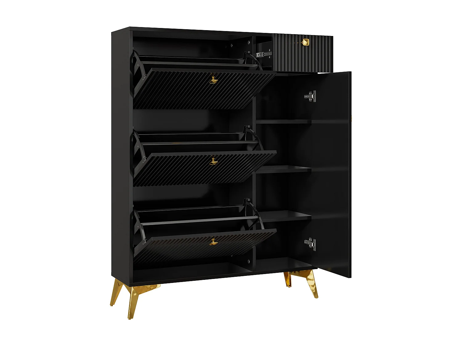 Schuhschrank mit 3 Klapptüren – 90 x 25 x 121 cm – mit 1 Schublade + 1 Tür – Spanplatte + Metall – schwarz