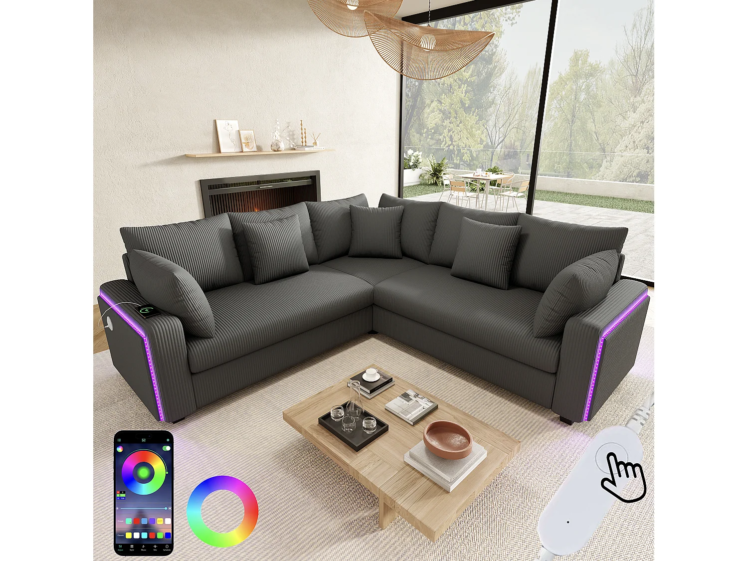 Canapé d'angle en L 5 places - 198 x 198 x 83 cm - avec Leds + t USB + coussins assortis  - velours - beige