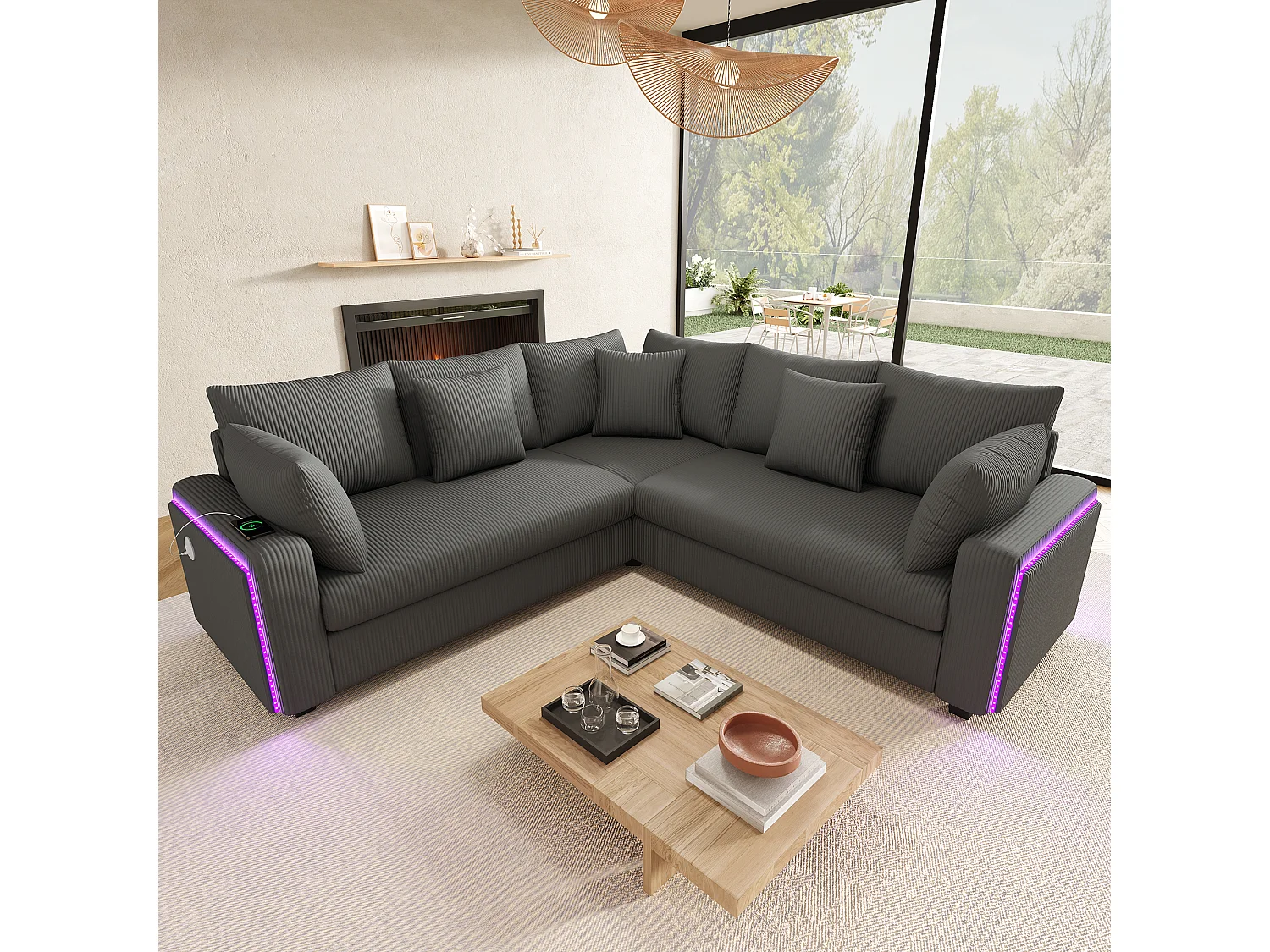 Canapé d'angle en L 5 places - 198 x 198 x 83 cm - avec Leds + t USB + coussins assortis  - velours - beige