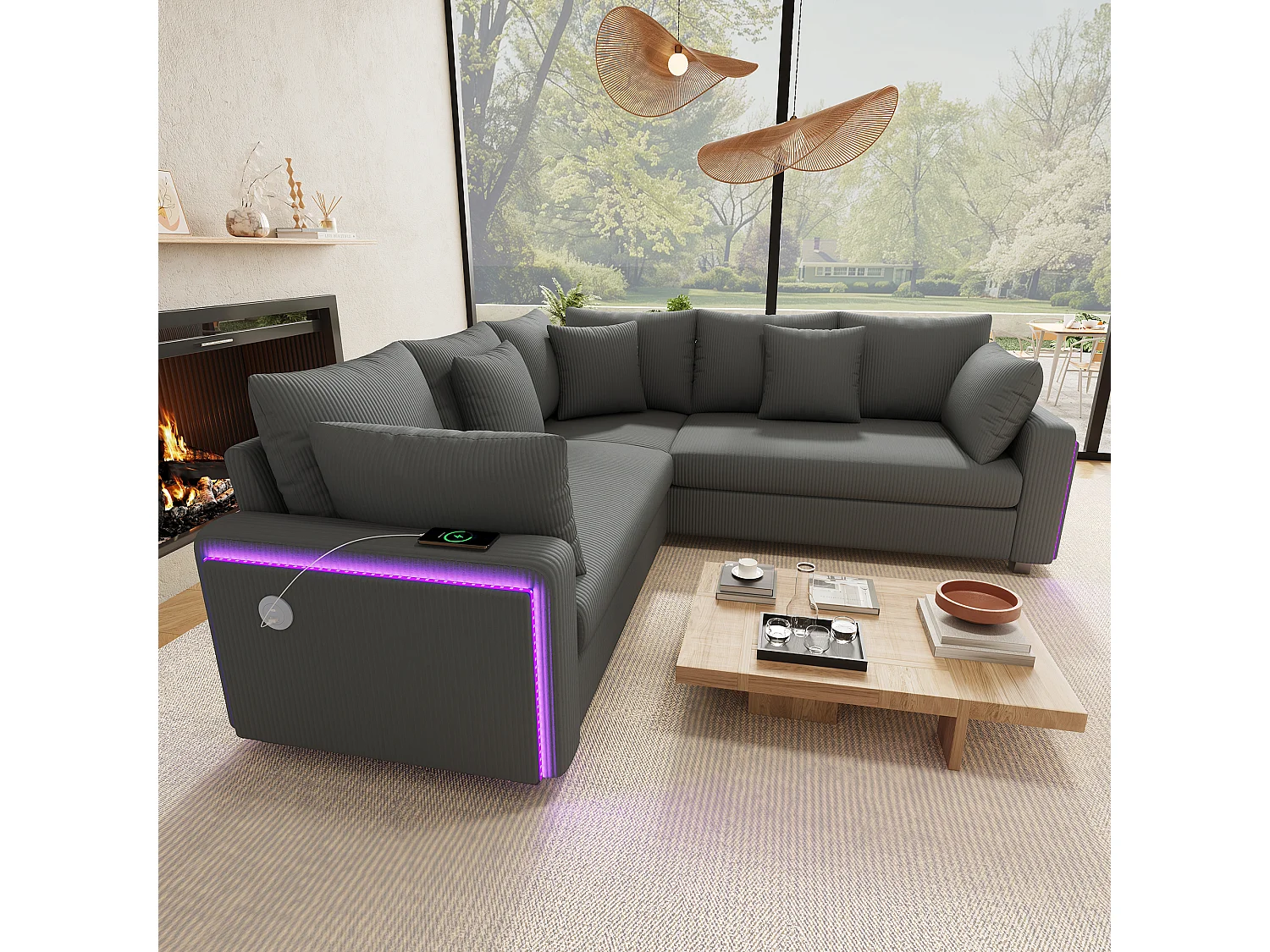 Canapé d'angle en L 5 places - 198 x 198 x 83 cm - avec Leds + t USB + coussins assortis  - velours - beige